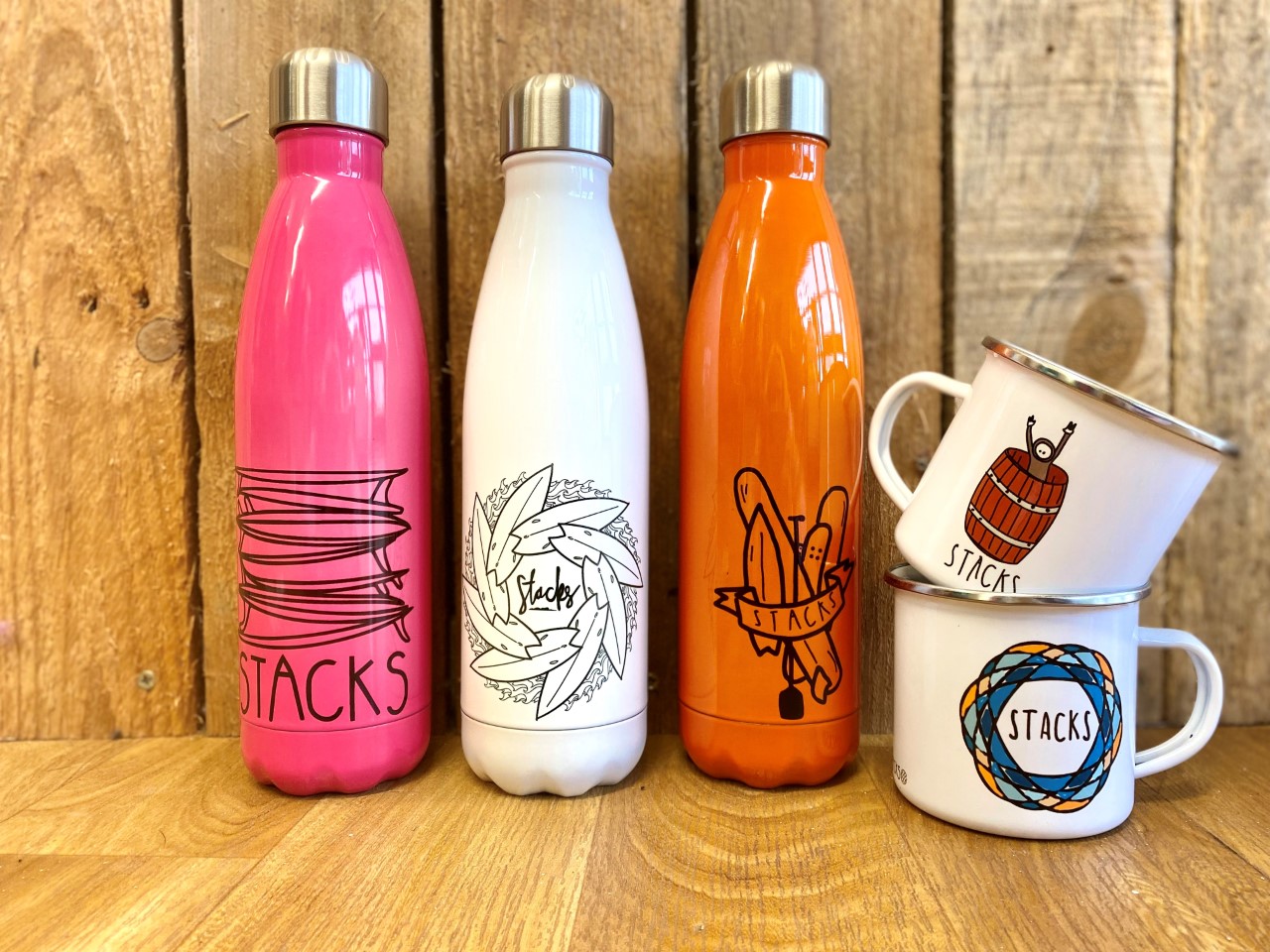 Drinks bottles and enamel camping mugs for sale at St Brides Bay Print & Embroidery